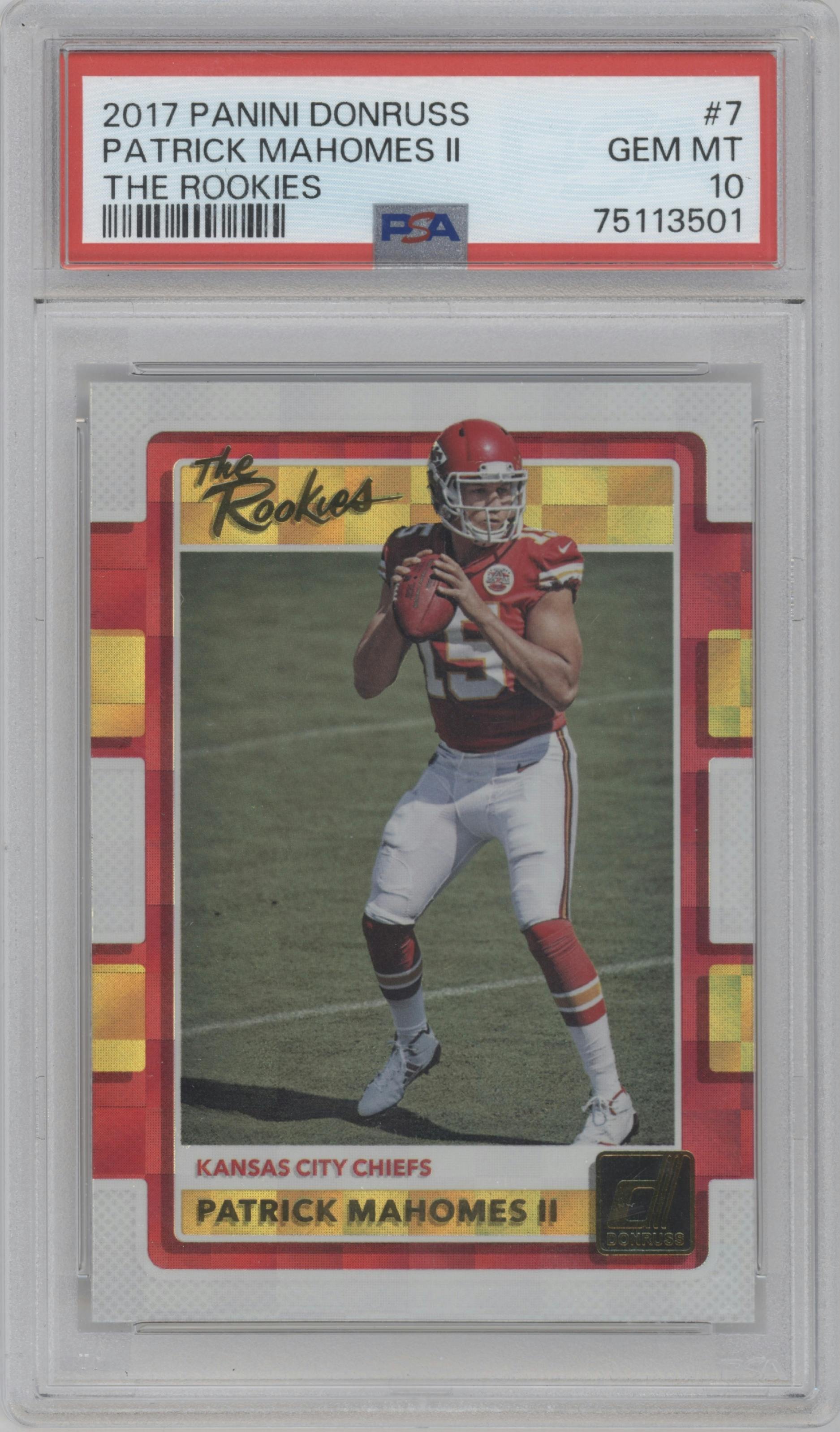 Patrick Mahomes II from the 2017 Panini Donruss set graded by PSA and given an overall grade of 10.