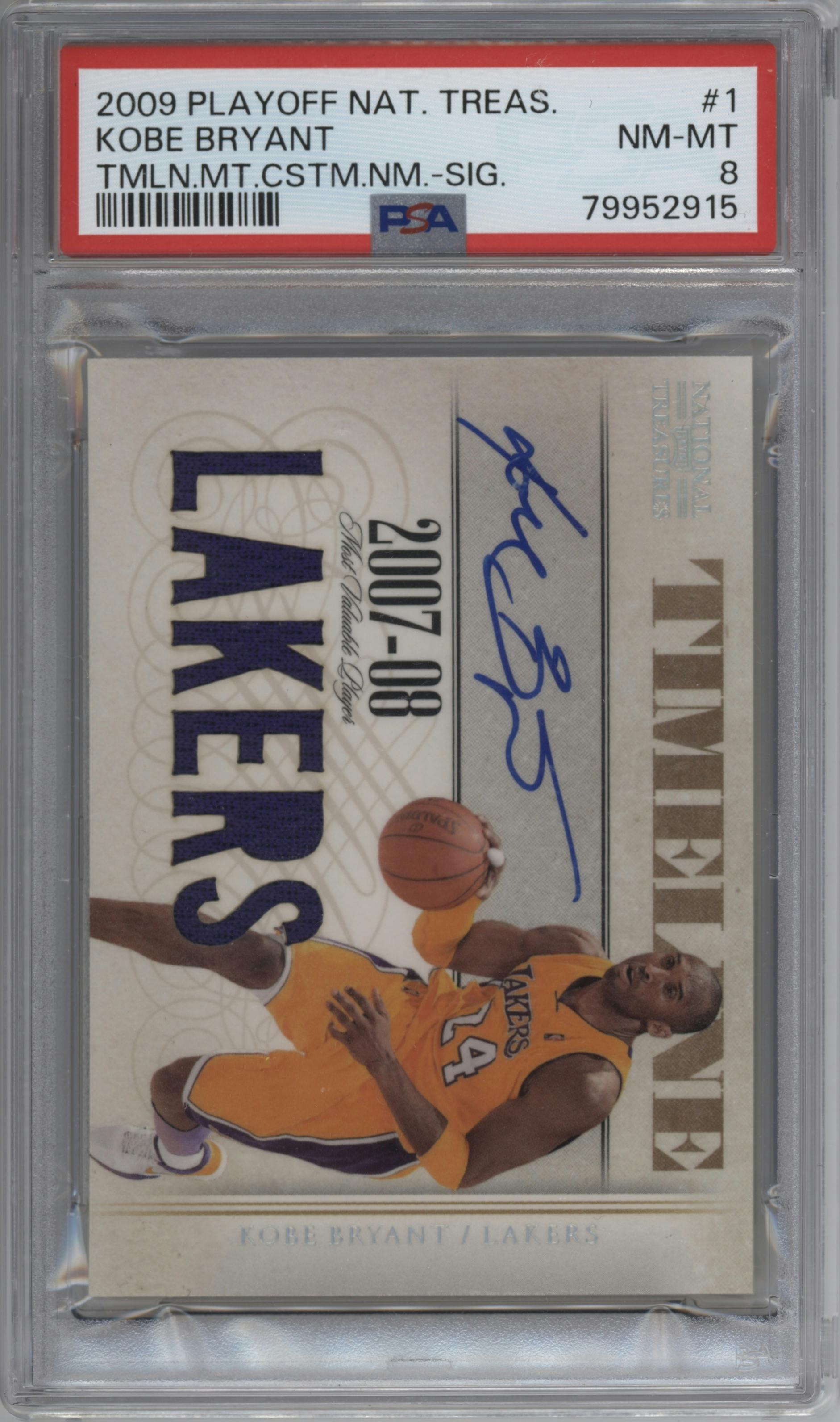 Kobe Bryant from the 2009-10 Playoff National Treasures set graded by PSA and given an overall grade of 8.
