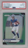 Malik Nabers from the 2024 Panini Prizm set featuring a Green Prizm parallel graded by PSA and given an overall grade of 10.