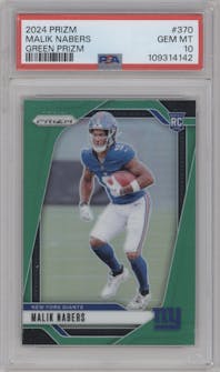 Malik Nabers from the 2024 Panini Prizm set featuring a Green Prizm parallel graded by PSA and given an overall grade of 10.