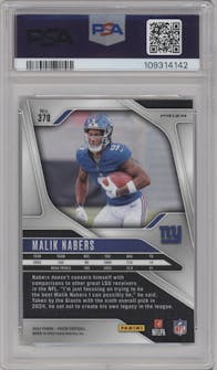 Malik Nabers from the 2024 Panini Prizm set featuring a Green Prizm parallel graded by PSA and given an overall grade of 10.