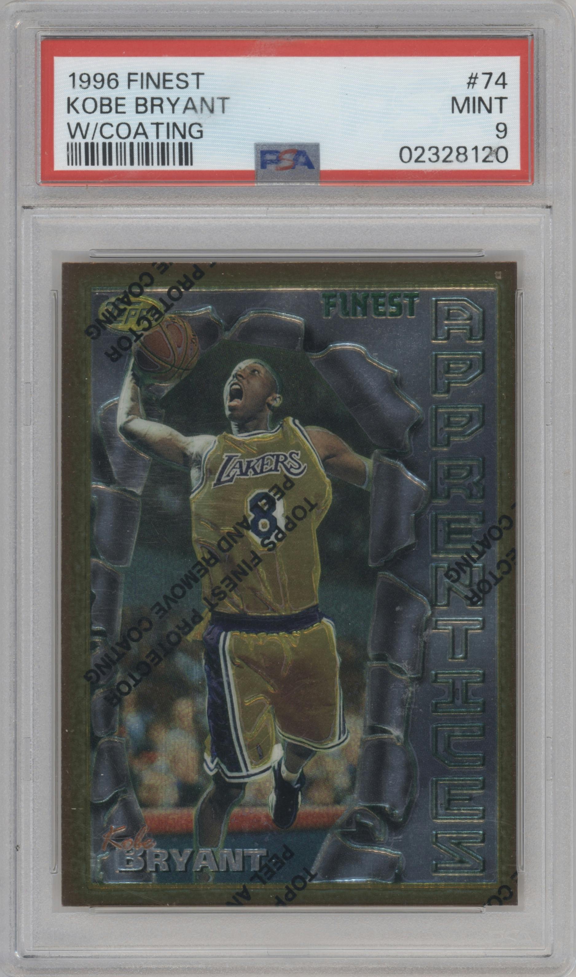 Kobe Bryant from the 1996-97 Topps Finest set featuring a W/ Coating parallel graded by PSA and given an overall grade of 9.
