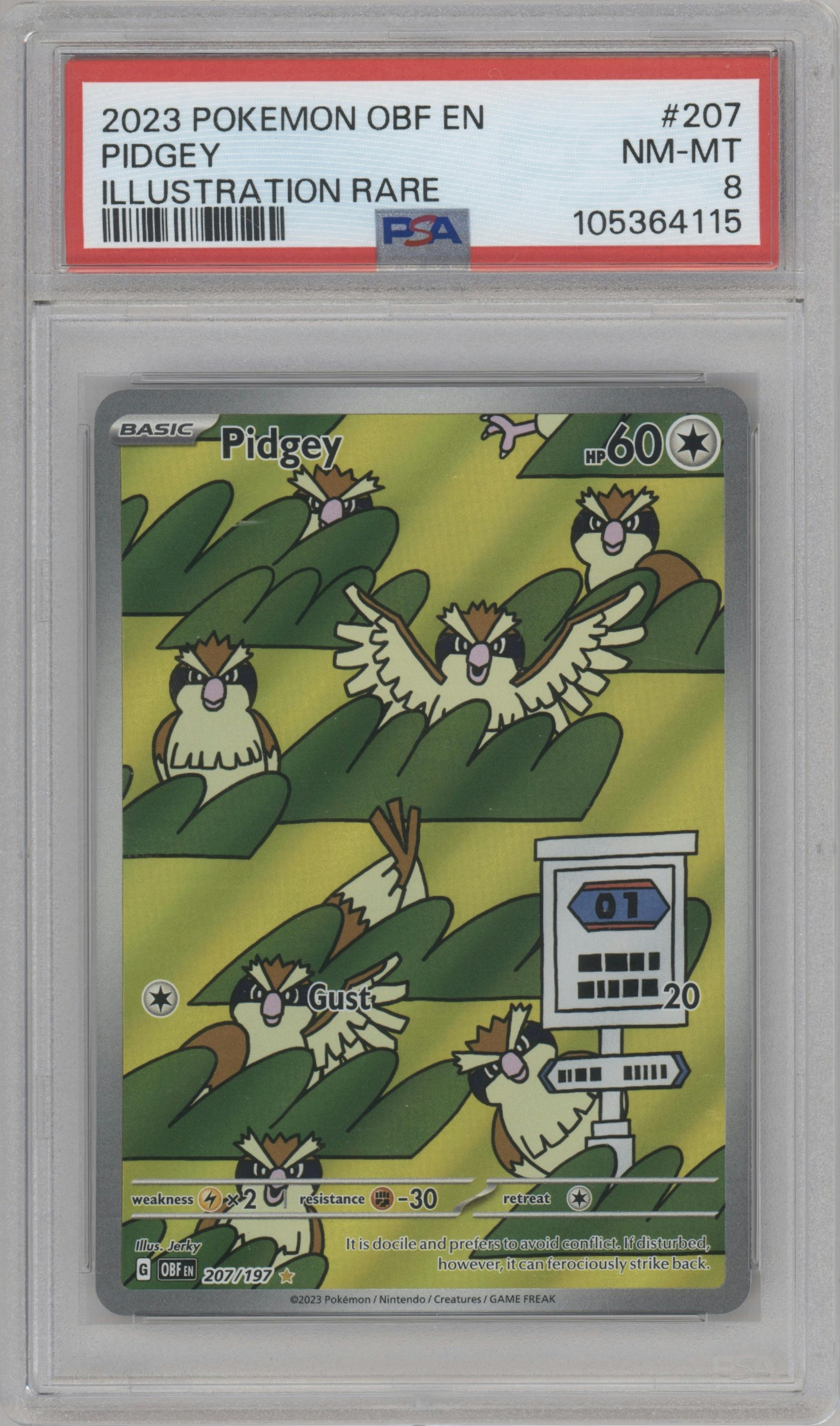Pidgey from the 2023 Pokemon SV set graded by PSA and given an overall grade of 8.