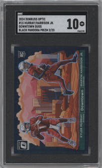 Kyler Murray/Marvin Harrison Jr. from the 2024 Donruss Optic set featuring a Black Pandora parallel graded by SGC and given an overall grade of 10.