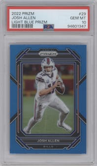 Josh Allen from the 2022 Panini Prizm set featuring a Light Blue Prizm parallel graded by PSA and given an overall grade of 10.