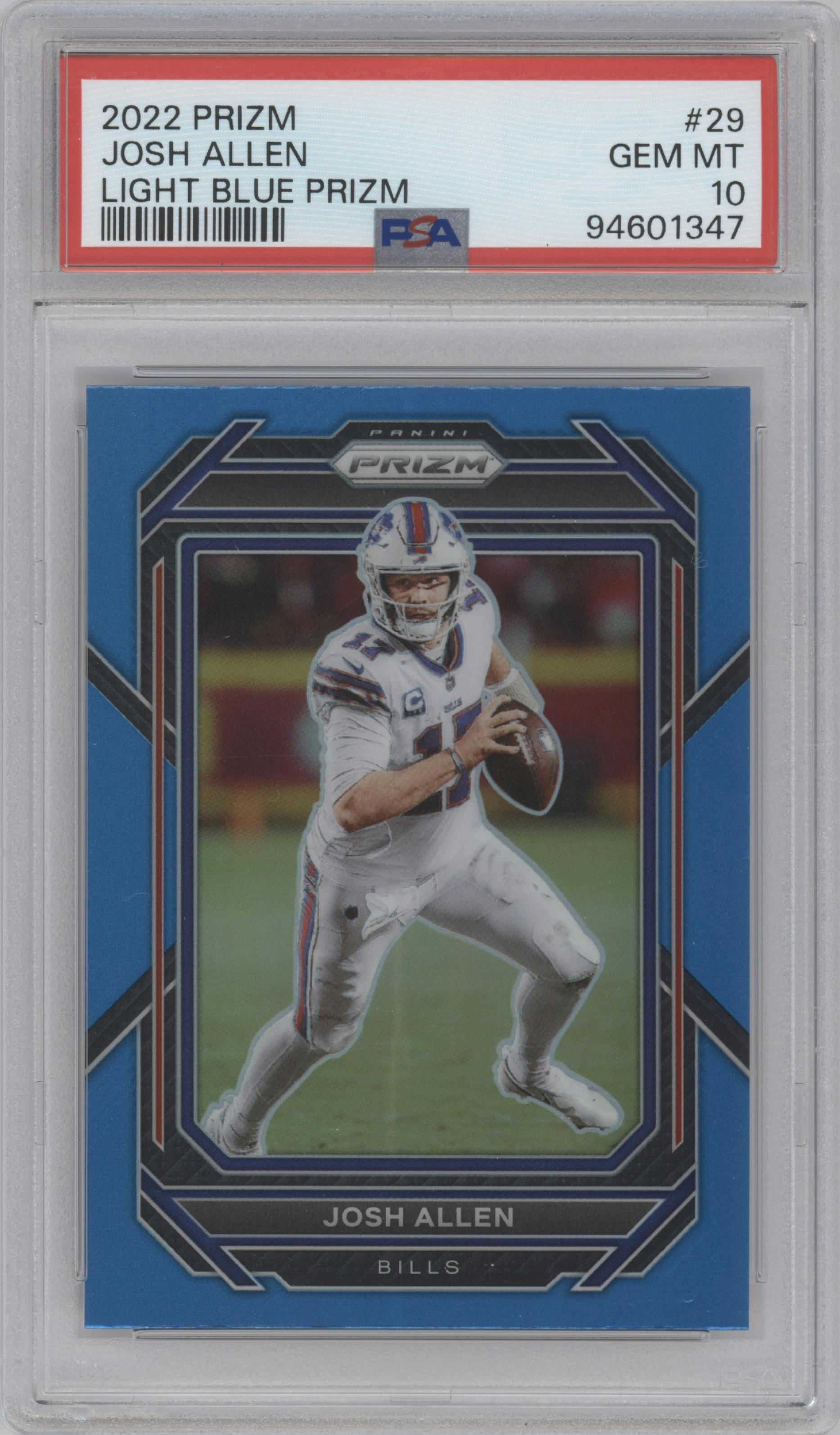 Josh Allen from the 2022 Panini Prizm set featuring a Light Blue Prizm parallel graded by PSA and given an overall grade of 10.