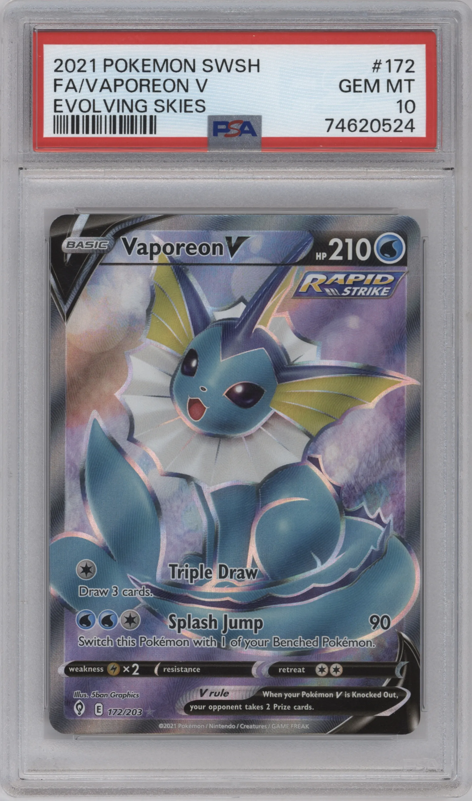 2021 Pokemon SWSH Evolving Skies Vaporeon V #172 PSA 10