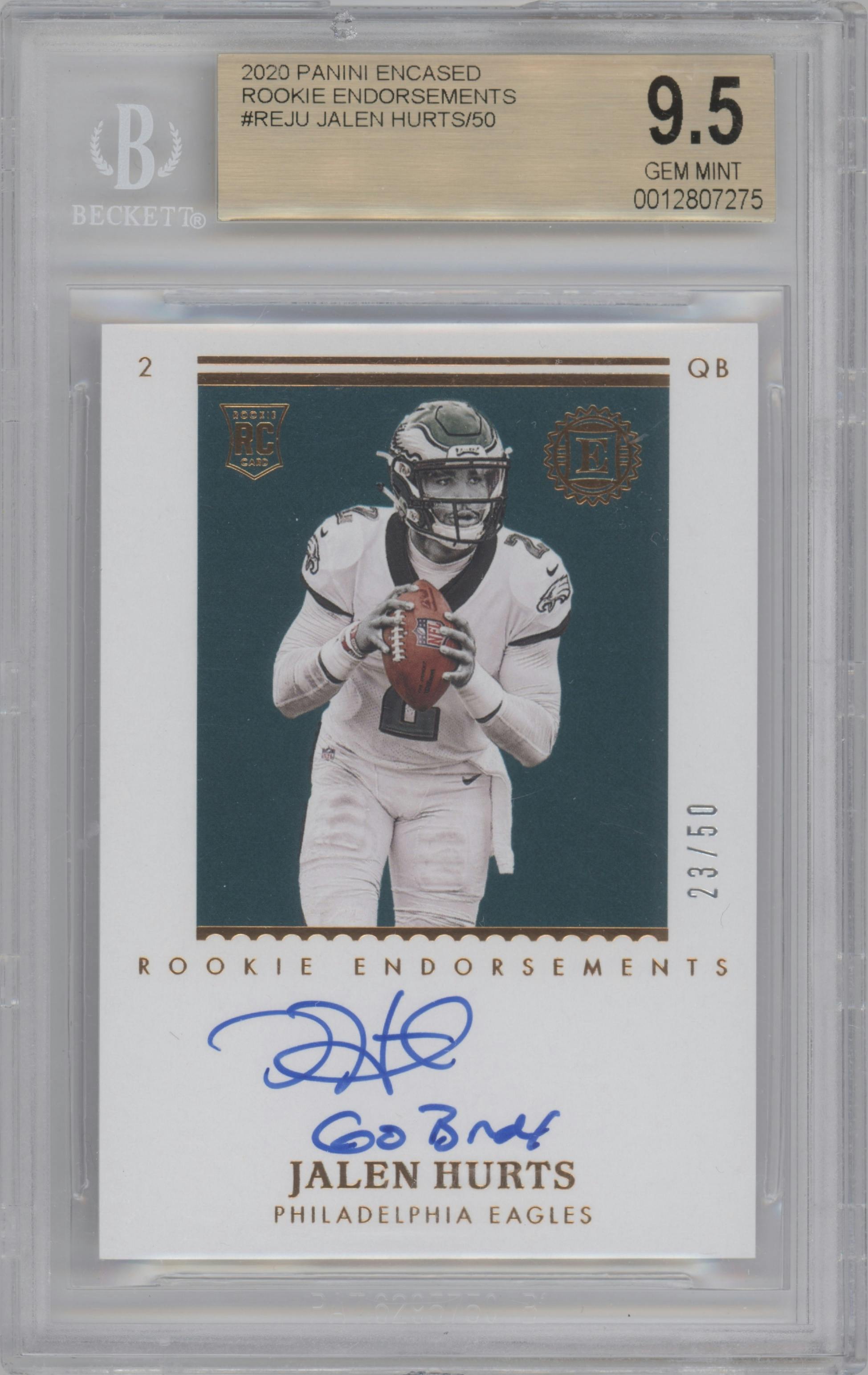 Jalen Hurts from the 2020 Panini Encased set graded by Beckett and given an overall grade of 9.5.
