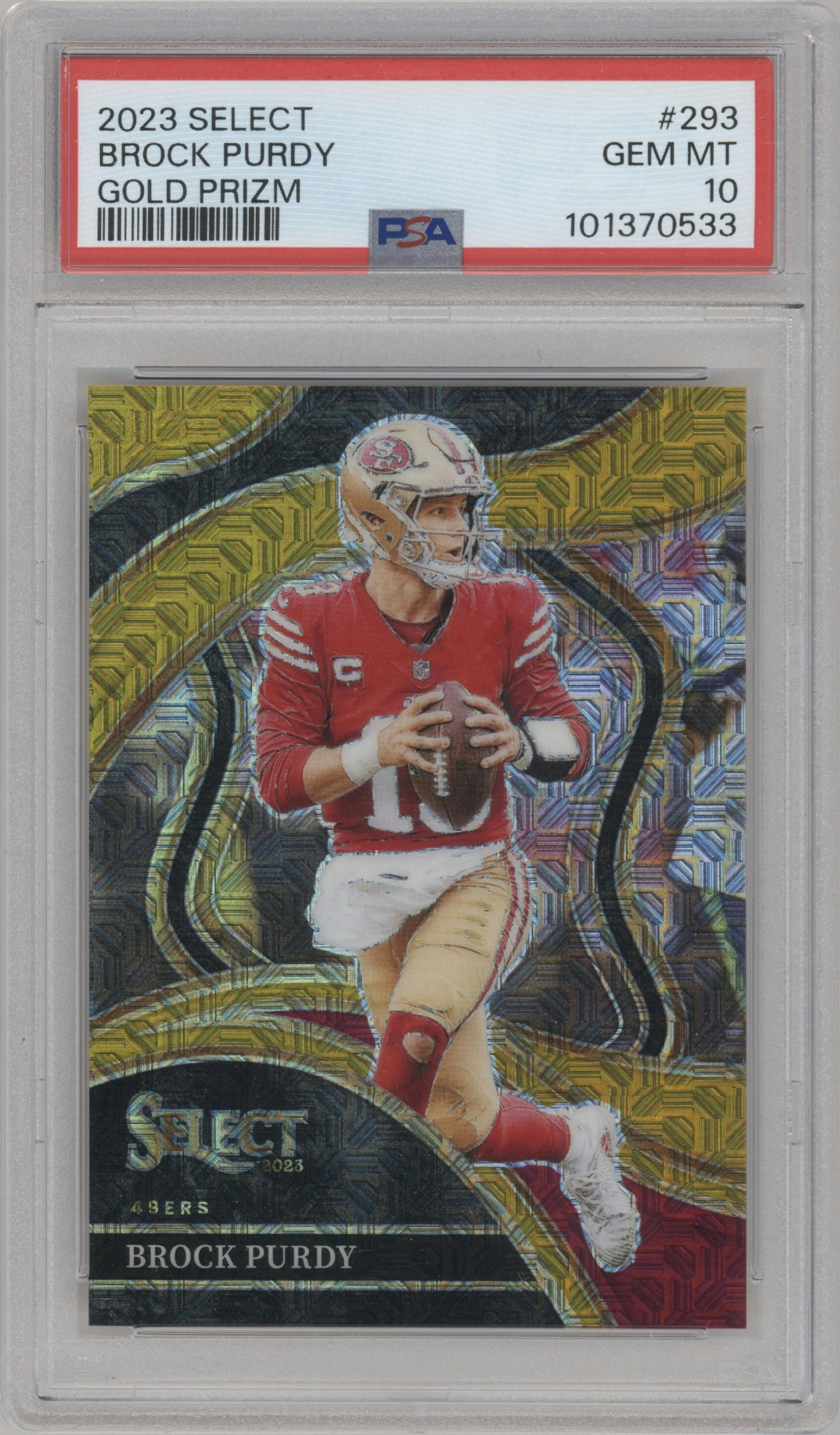 Brock Purdy from the 2023 Panini Select set featuring a Gold Prizm parallel graded by PSA and given an overall grade of 10.