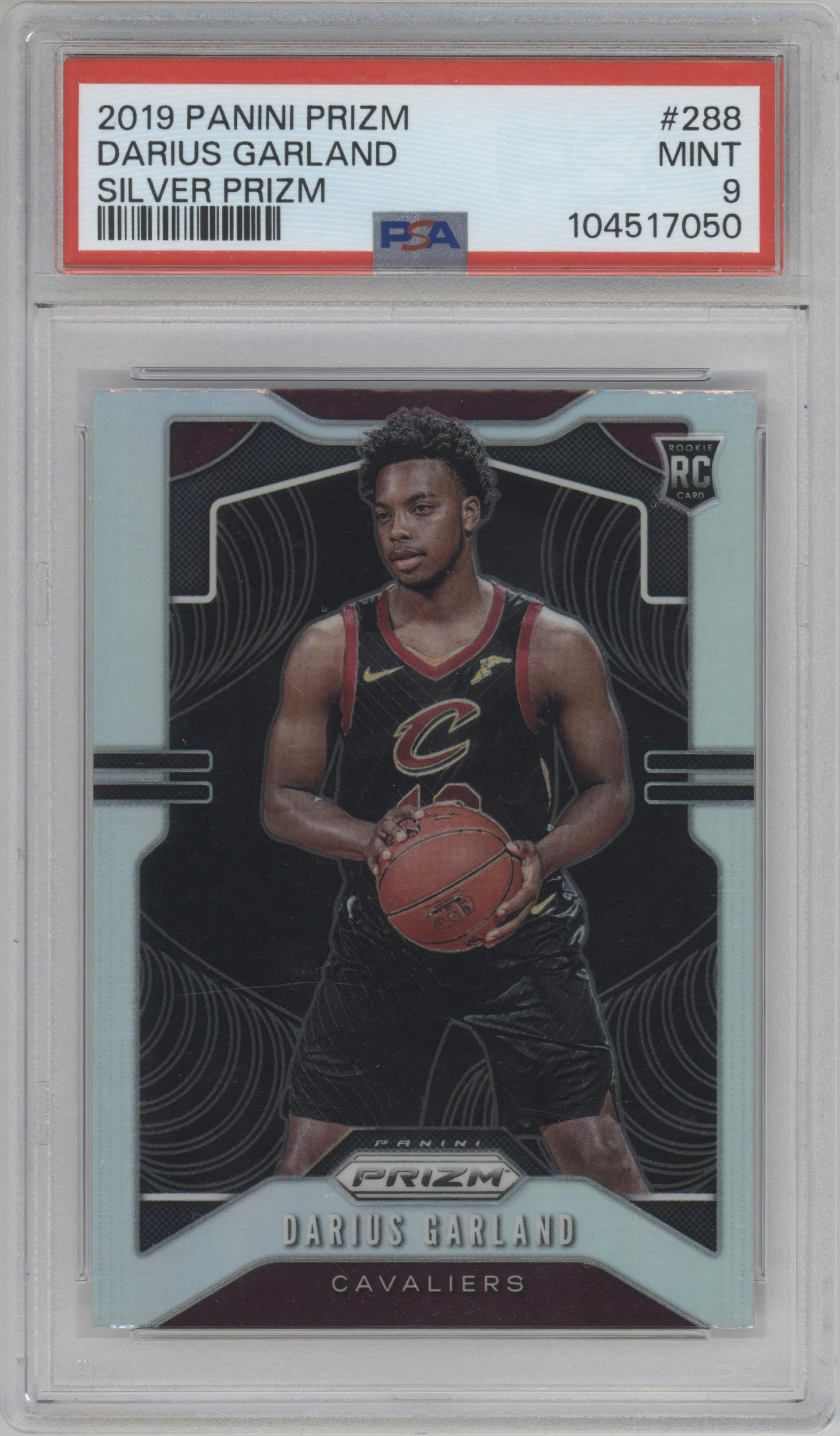 Darius Garland from the 2019-20 Panini Prizm set featuring a Silver Prizm parallel graded by PSA and given an overall grade of 9.