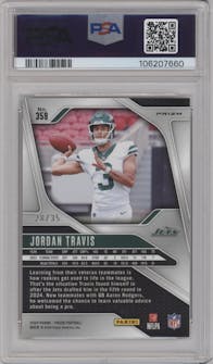 Jordan Travis from the 2024 Panini Prizm set featuring a Red Shimmer parallel graded by PSA and given an overall grade of 9.