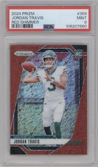 Jordan Travis from the 2024 Panini Prizm set featuring a Red Shimmer parallel graded by PSA and given an overall grade of 9.