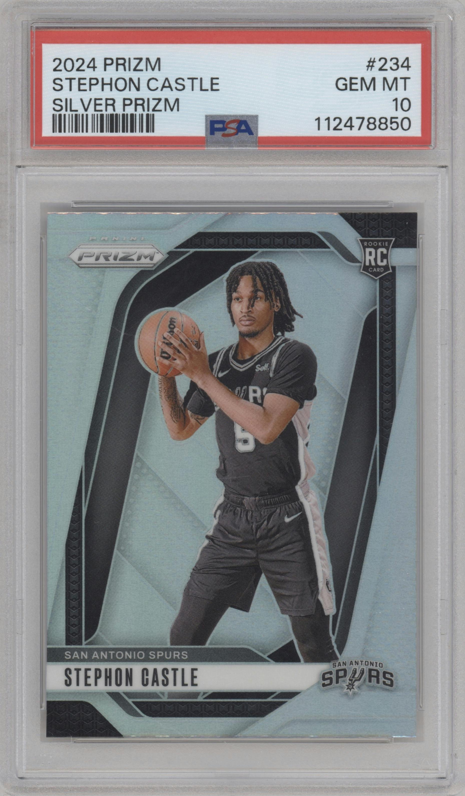 Stephon Castle from the 2024-25 Panini Prizm set featuring a Silver Prizm parallel graded by PSA and given an overall grade of 10.