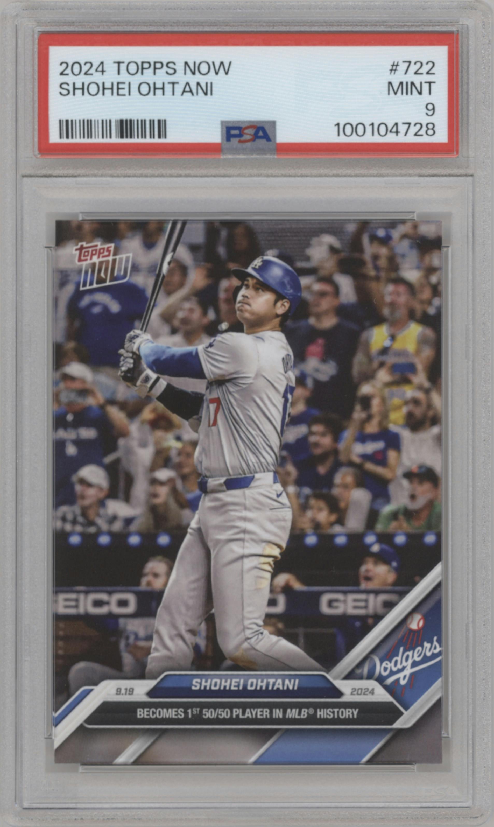 Shohei Ohtani from the 2024 Topps Now set graded by PSA and given an overall grade of 9.