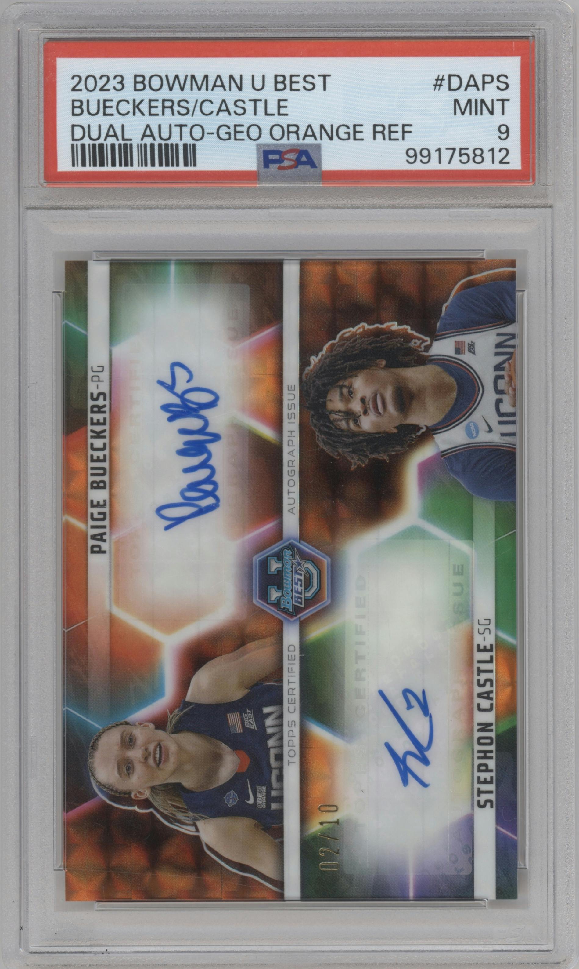 Paige Bueckers/Stephon Castle  from the 2023-24 Bowman Best University set featuring a Orange Geometric Refractor parallel graded by PSA and given an overall grade of 9.