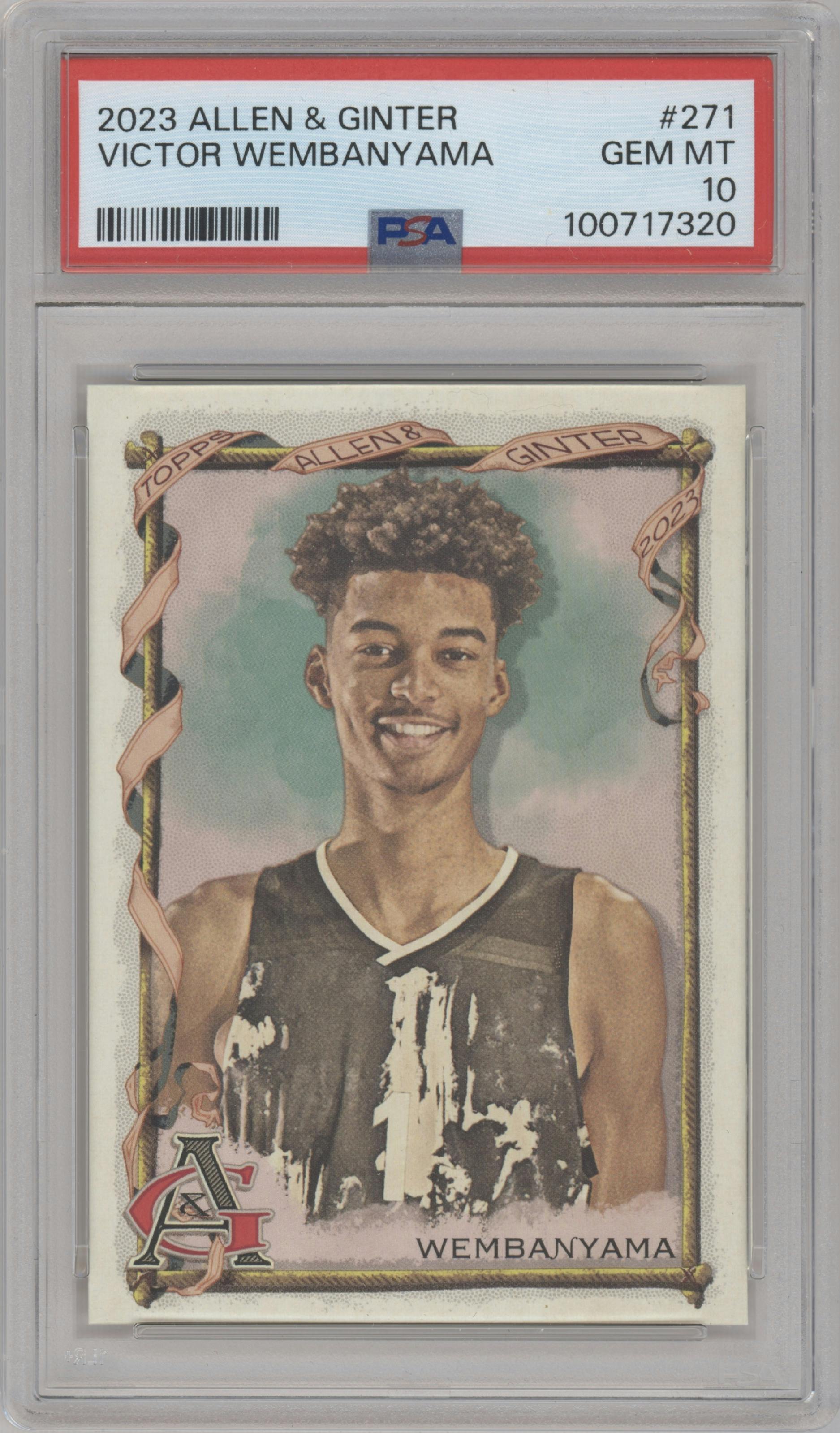 Victor Wembanyama from the 2023 Topps Allen & Ginter set graded by PSA and given an overall grade of 10.