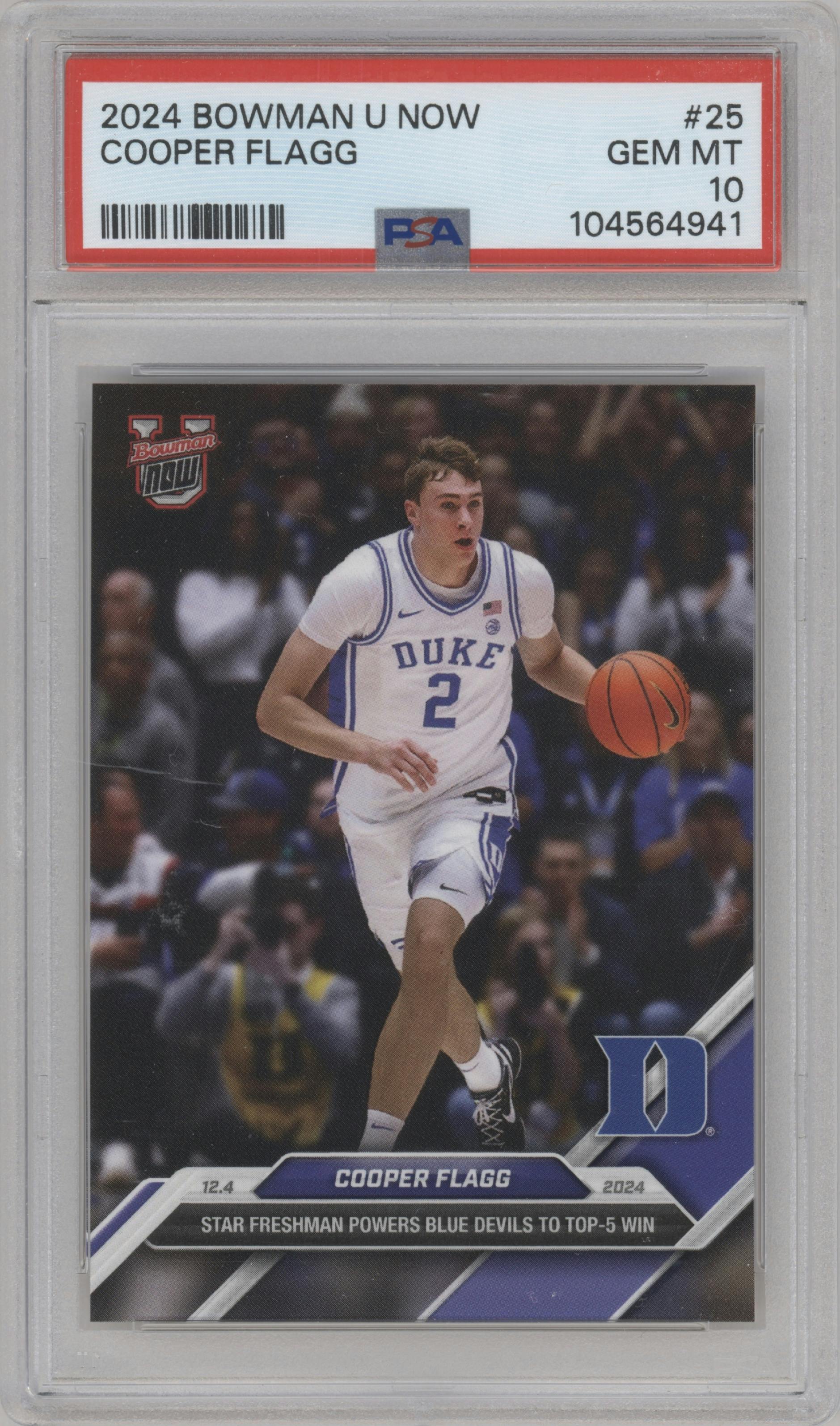 Cooper Flagg from the 2024-25 Bowman U Now set graded by PSA and given an overall grade of 10.