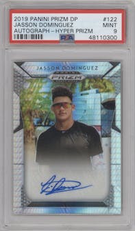 Jasson Dominguez from the 2019 Panini Prizm Draft Picks set featuring a Hyper Prizm parallel graded by PSA and given an overall grade of 9.