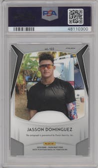 Jasson Dominguez from the 2019 Panini Prizm Draft Picks set featuring a Hyper Prizm parallel graded by PSA and given an overall grade of 9.