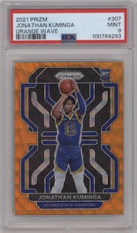  Jonathan Kuminga  from the 2021-22 Panini Prizm  set featuring a Orange Wave parallel graded by PSA and given an overall grade of 9.
