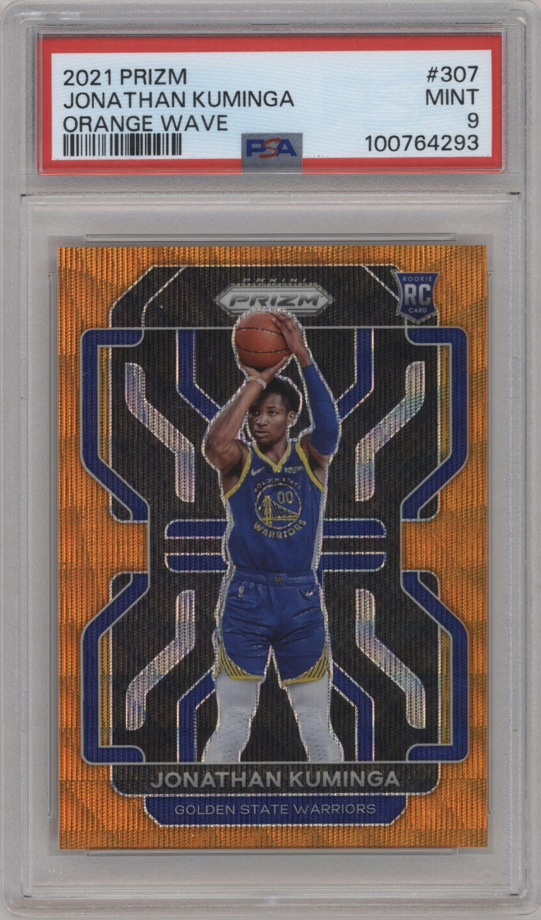  Jonathan Kuminga  from the 2021-22 Panini Prizm  set featuring a Orange Wave parallel graded by PSA and given an overall grade of 9.