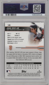 Jung Ho Lee from the 2024 Topps Pristine set featuring a Gold Refractor parallel graded by PSA and given an overall grade of 10.