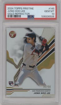 Jung Ho Lee from the 2024 Topps Pristine set featuring a Gold Refractor parallel graded by PSA and given an overall grade of 10.