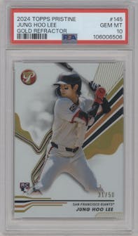 Jung Ho Lee from the 2024 Topps Pristine set featuring a Gold Refractor parallel graded by PSA and given an overall grade of 10.