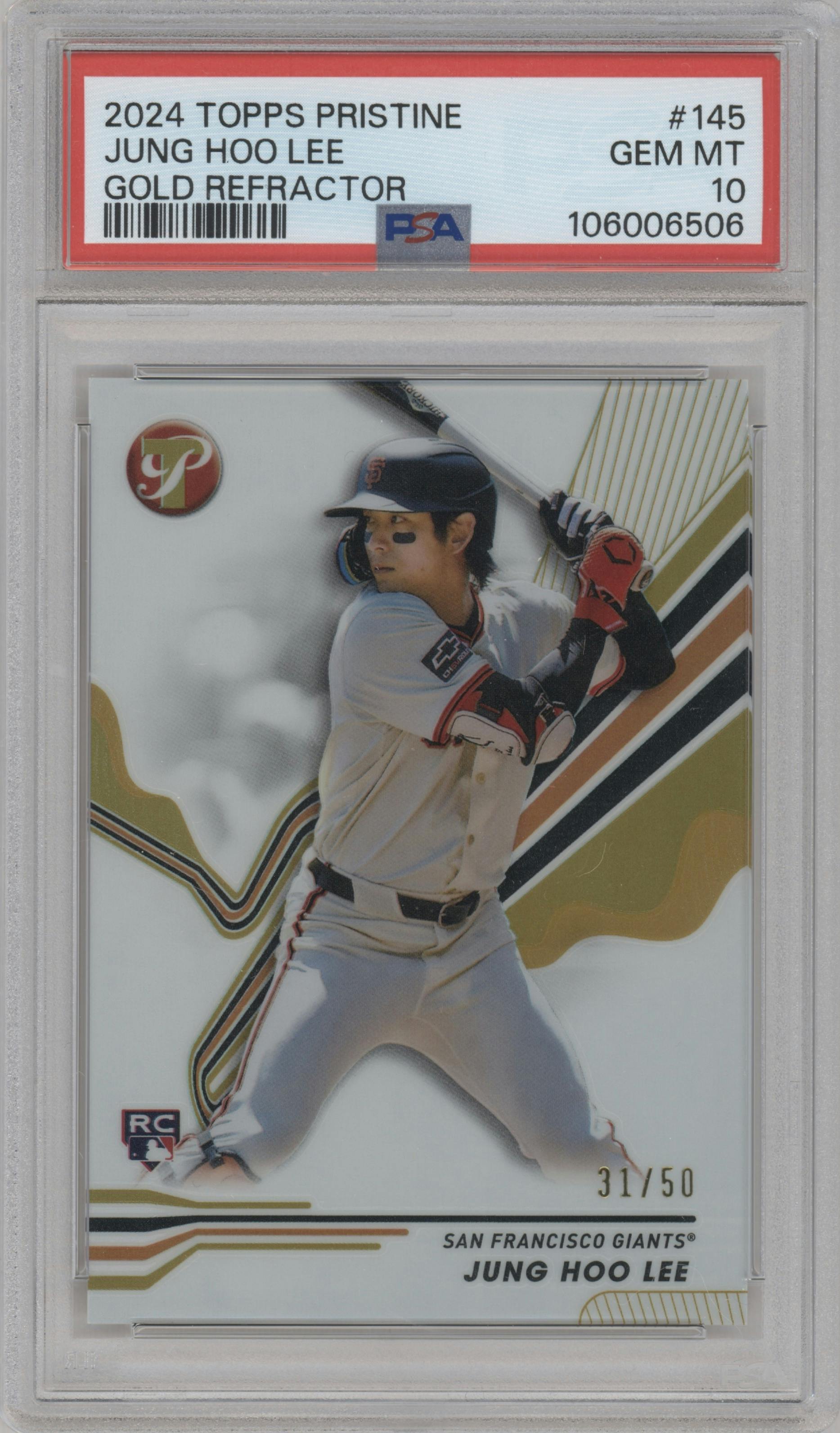 Jung Ho Lee from the 2024 Topps Pristine set featuring a Gold Refractor parallel graded by PSA and given an overall grade of 10.