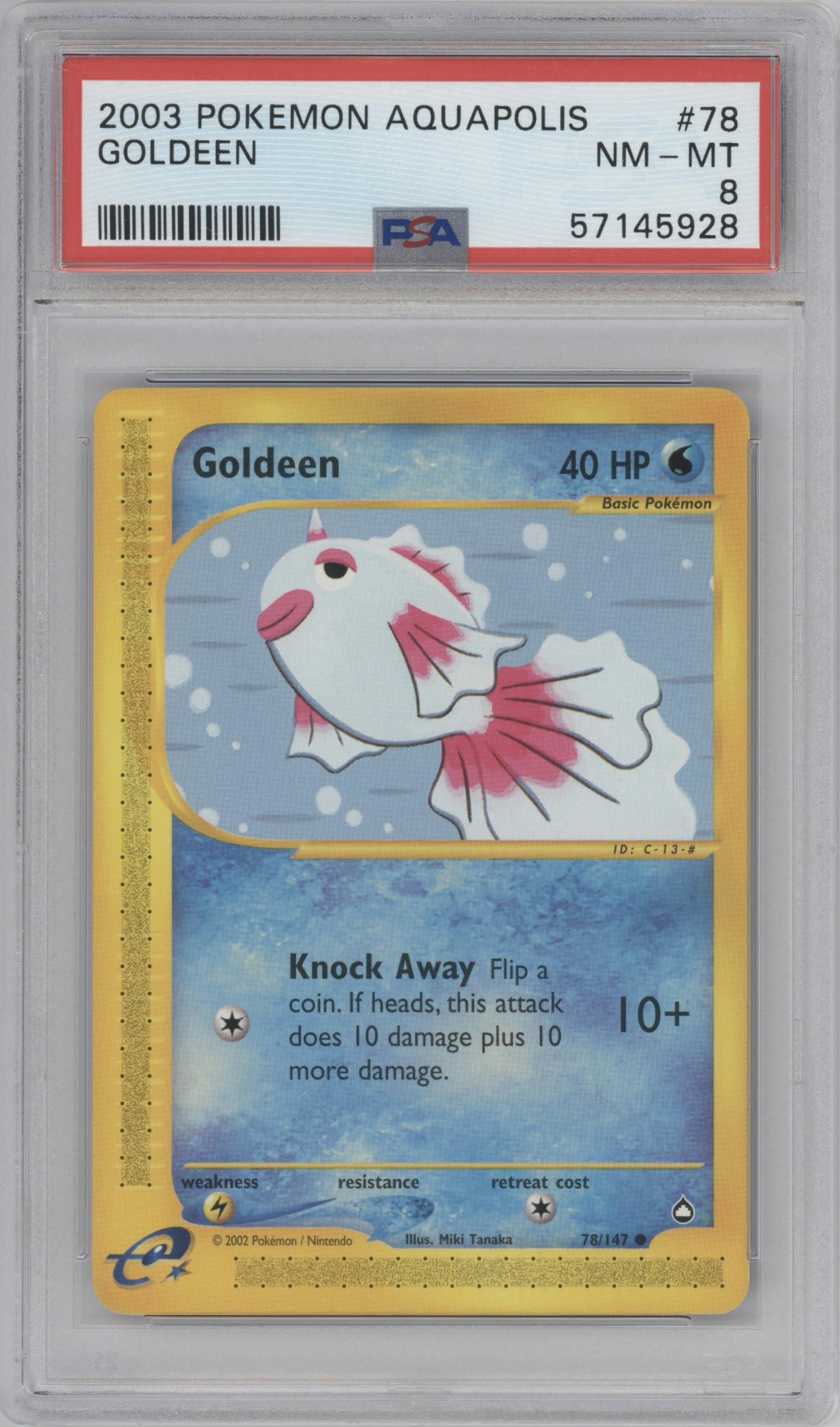 Goldeen from the 2003 Pokemon E-CARD set graded by PSA and given an overall grade of 8.