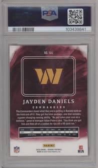 Jayden Daniels from the 2024 Panini Origins set featuring a Red Holo parallel graded by PSA and given an overall grade of 10.