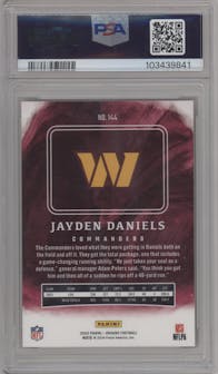 Jayden Daniels from the 2024 Panini Origins set featuring a Red Holo parallel graded by PSA and given an overall grade of 10.