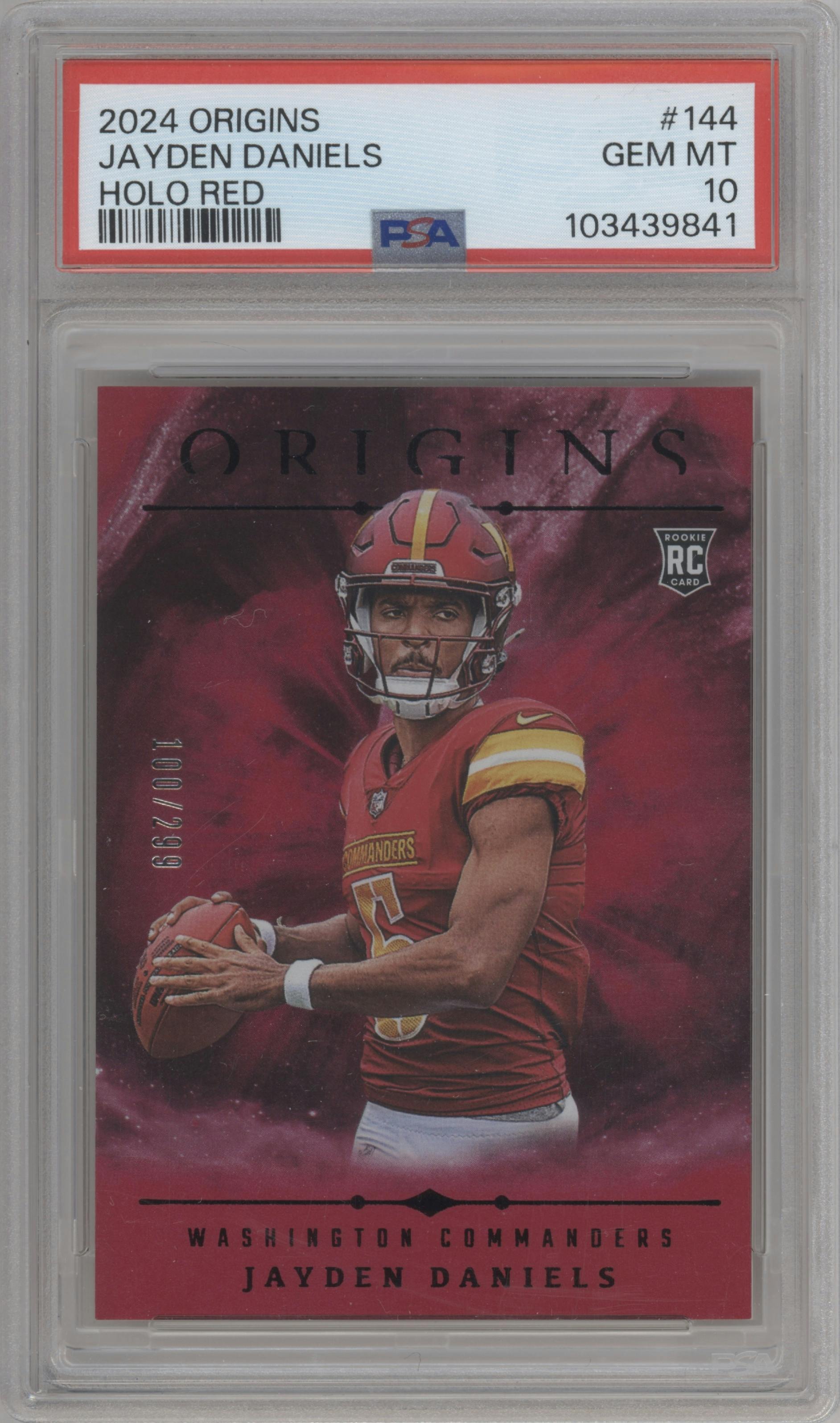Jayden Daniels from the 2024 Panini Origins set featuring a Red Holo parallel graded by PSA and given an overall grade of 10.
