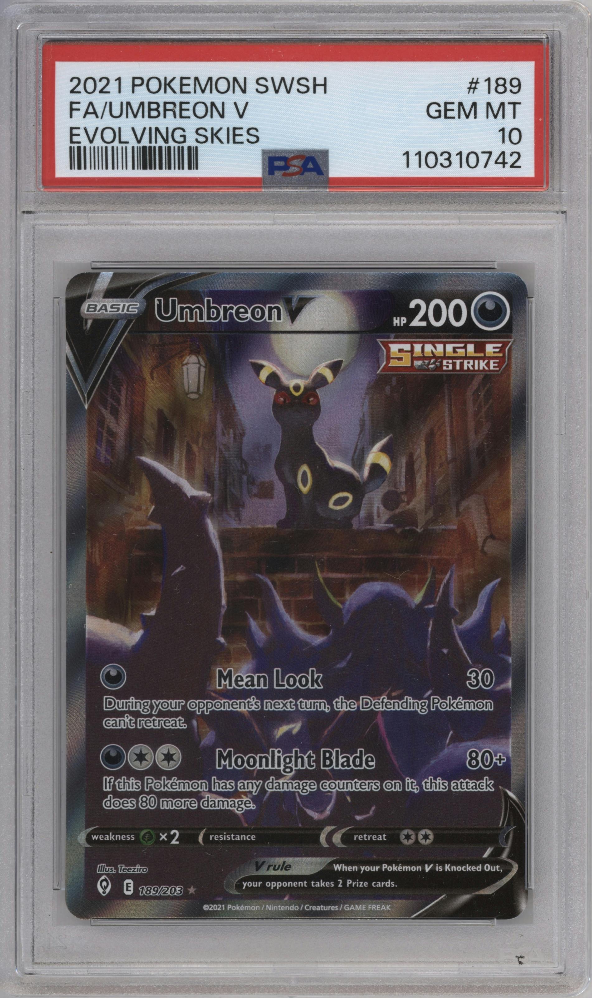 Umbreon V from the 2021 Pokemon SWSH set graded by PSA and given an overall grade of 10.