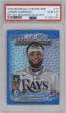 Junior Caminero from the 2024 Bowman Chrome Mega Box set featuring a Blue Refractor parallel graded by PSA and given an overall grade of 10.