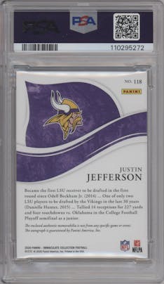 Justin Jefferson from the 2020 Panini Immaculate Collection set graded by PSA and given an overall grade of 9.