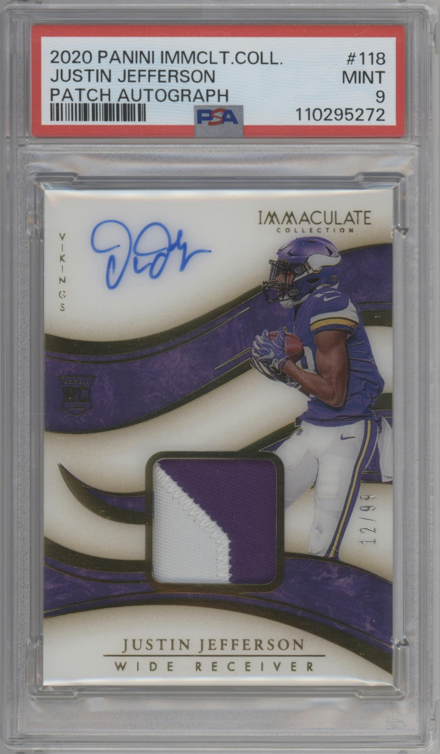 Justin Jefferson from the 2020 Panini Immaculate Collection set graded by PSA and given an overall grade of 9.