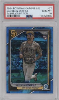 Jackson Merrill from the 2024 Bowman Chrome Sapphire set graded by PSA and given an overall grade of 10.