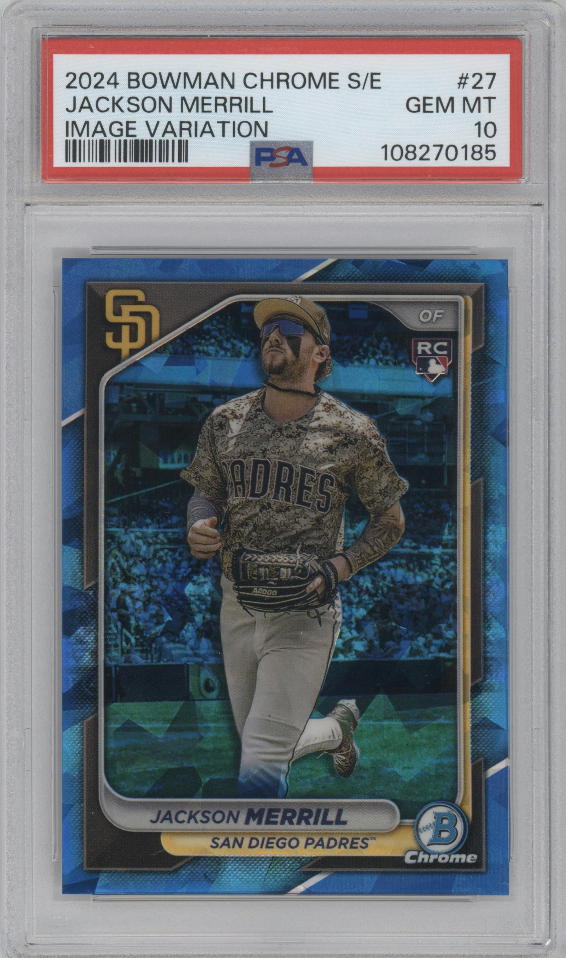 Jackson Merrill from the 2024 Bowman Chrome Sapphire set graded by PSA and given an overall grade of 10.
