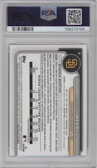 Jackson Merrill from the 2024 Bowman Chrome Sapphire set graded by PSA and given an overall grade of 10.