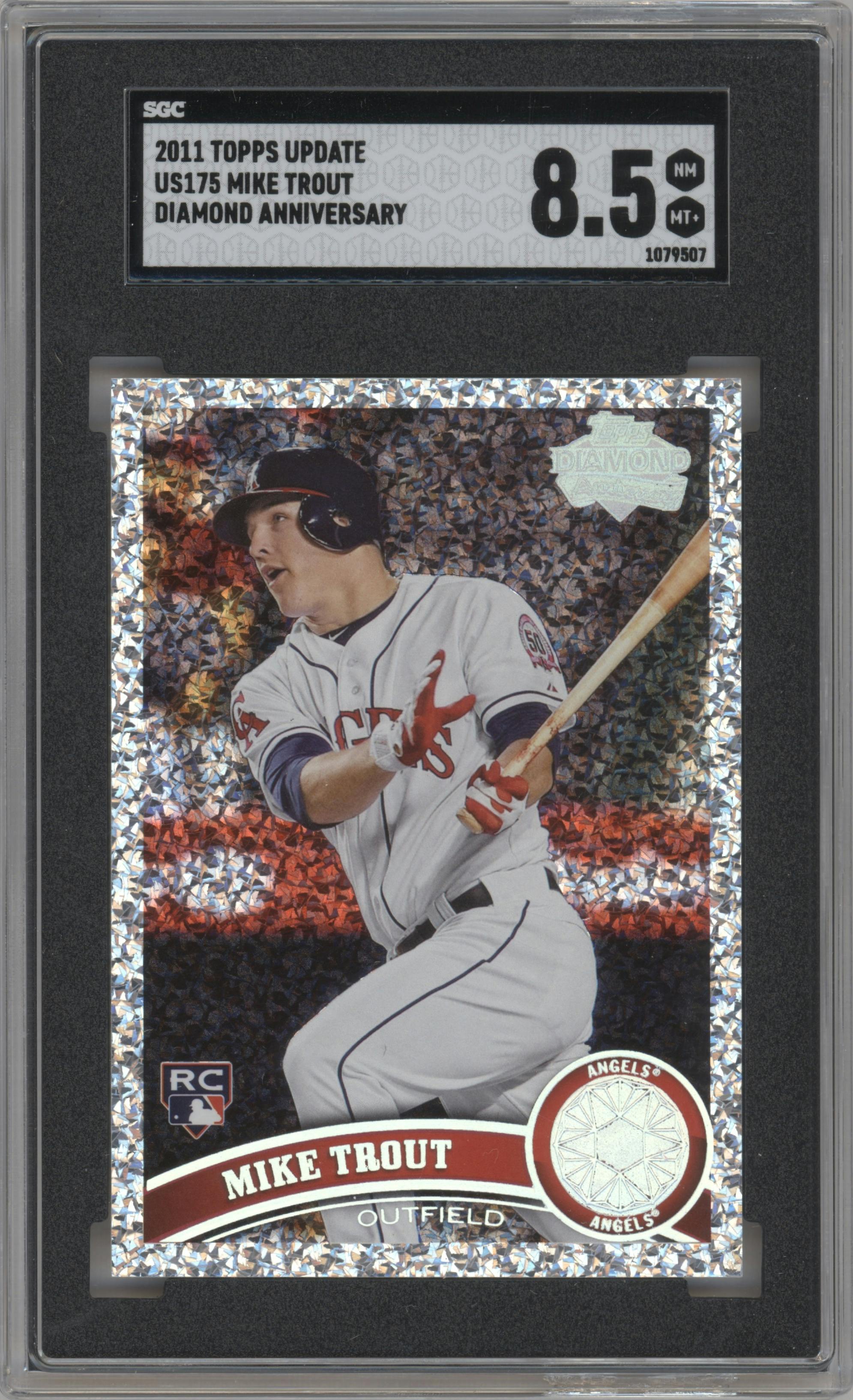 Mike Trout  from the 2011 Topps Update set featuring a Diamond Anniversary parallel graded by SGC and given an overall grade of 8.5.
