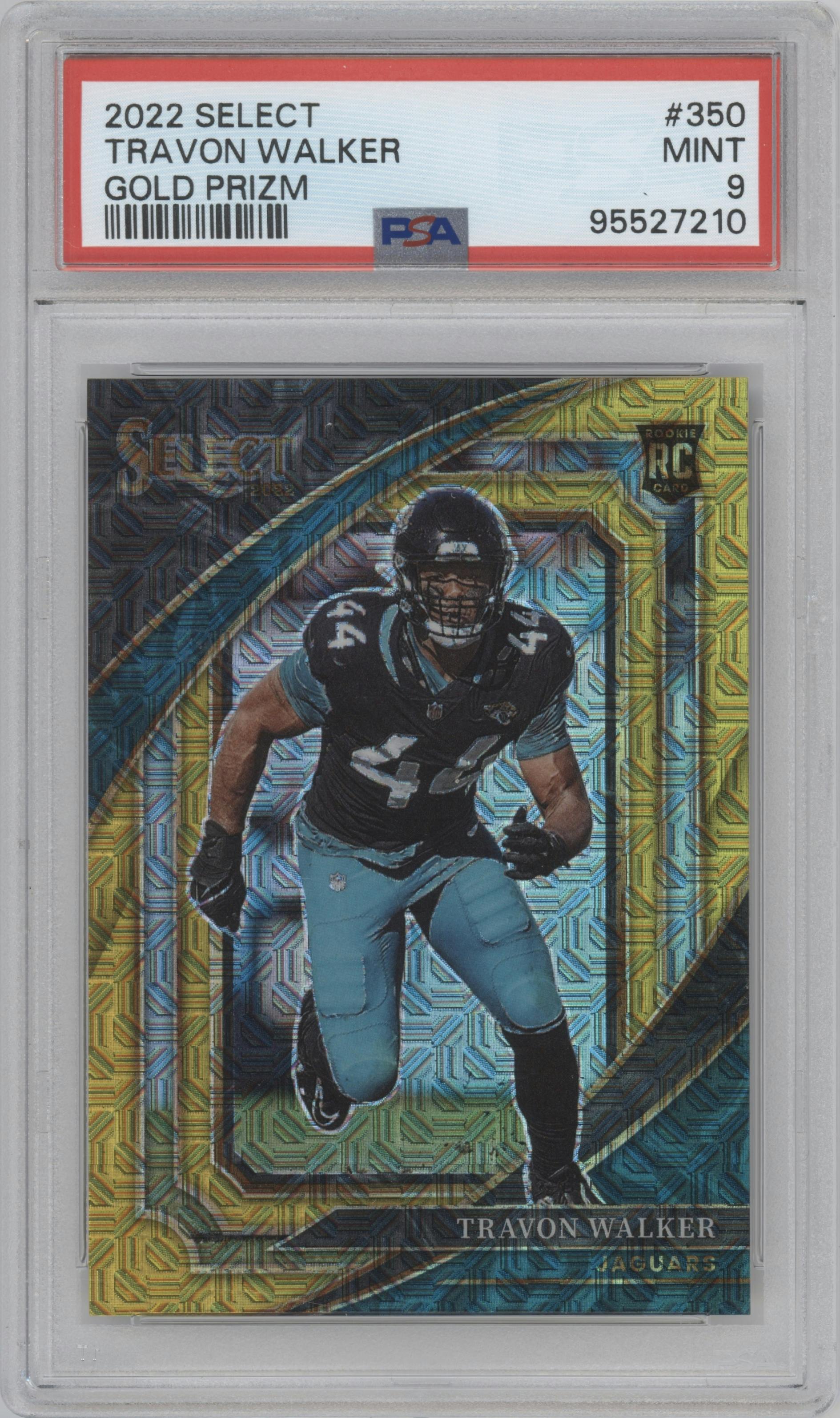 Travon Walker from the 2022 Panini Select set featuring a Gold Prizm parallel graded by PSA and given an overall grade of 9.