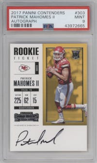 Patrick Mahomes II from the 2017 Panini Contenders set graded by PSA and given an overall grade of 9.