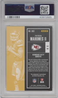 Patrick Mahomes II from the 2017 Panini Contenders set graded by PSA and given an overall grade of 9.