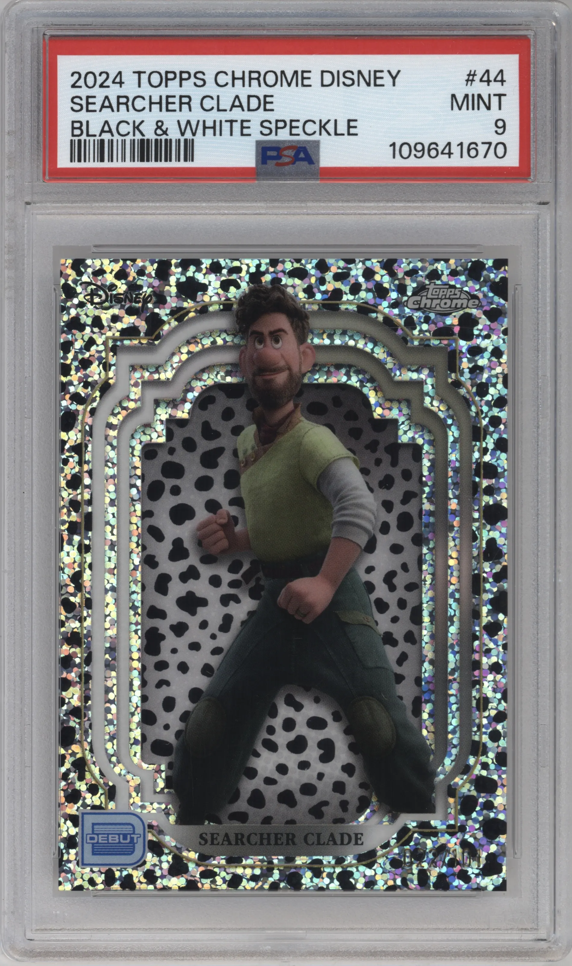 2024 Topps Chrome Disney Searcher Clade Black and White Speckle Refractor PSA 9