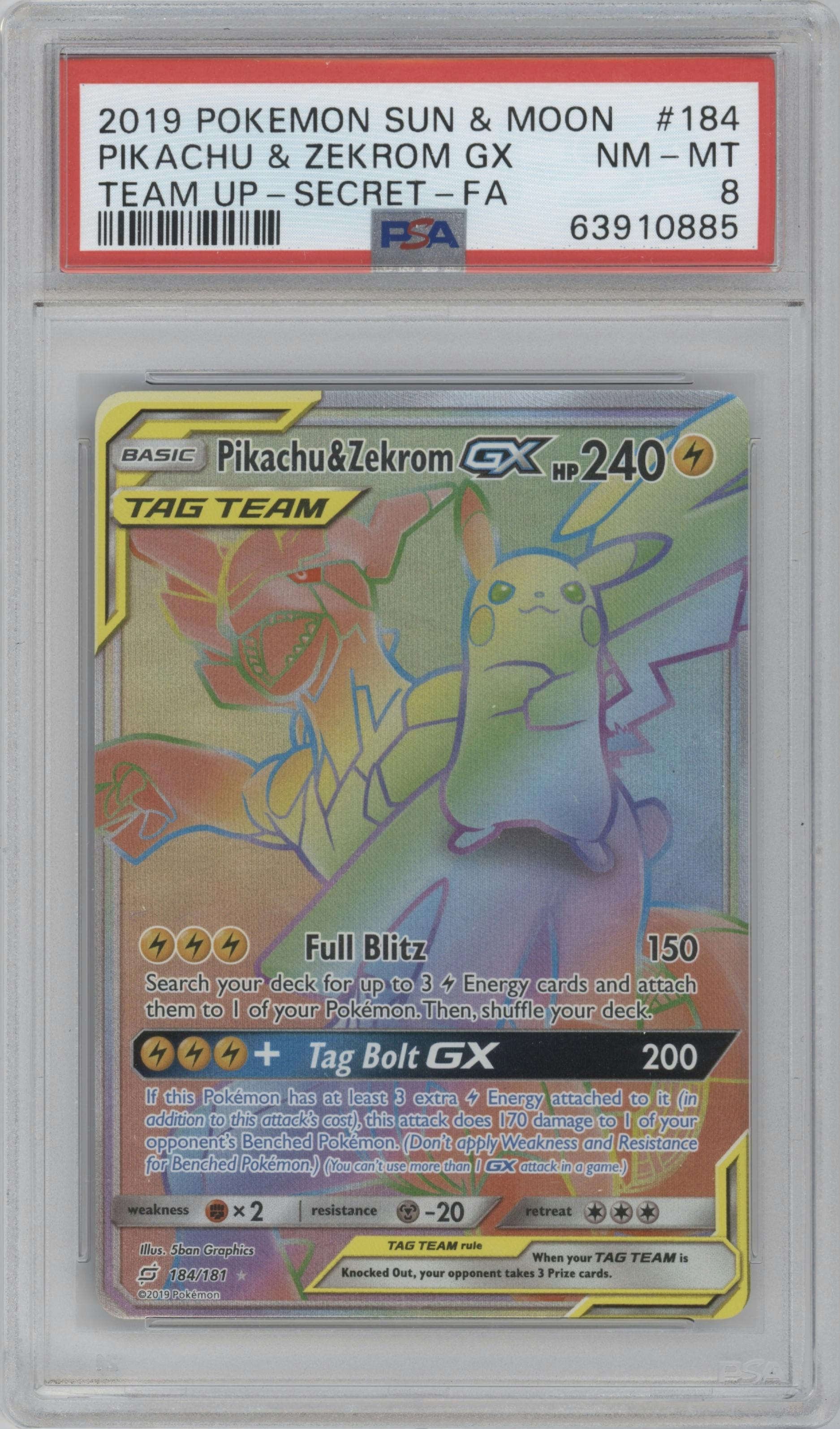 Pikachu/Zekrom GX from the 2019 Pokemon S&M  set graded by PSA and given an overall grade of 8.
