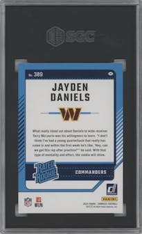 Jayden Daniels from the 2024 Donruss set featuring a Press Proof Green parallel graded by SGC and given an overall grade of 9.