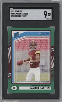 Jayden Daniels from the 2024 Donruss set featuring a Press Proof Green parallel graded by SGC and given an overall grade of 9.
