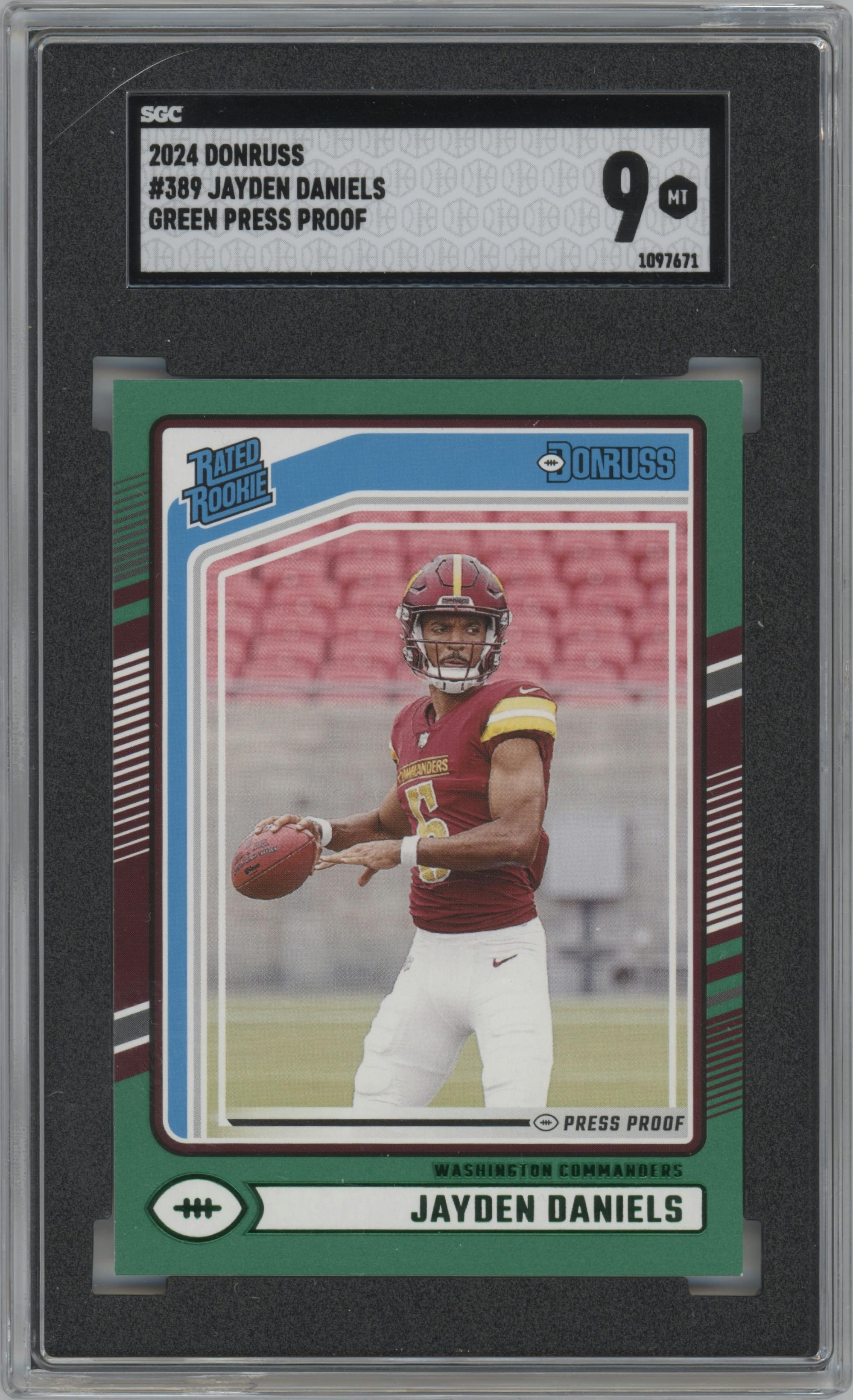 Jayden Daniels from the 2024 Donruss set featuring a Press Proof Green parallel graded by SGC and given an overall grade of 9.