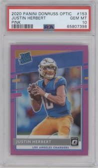 Justin Herbert from the 2020 Panini Donruss Optic set featuring a Pink parallel graded by PSA and given an overall grade of 10.